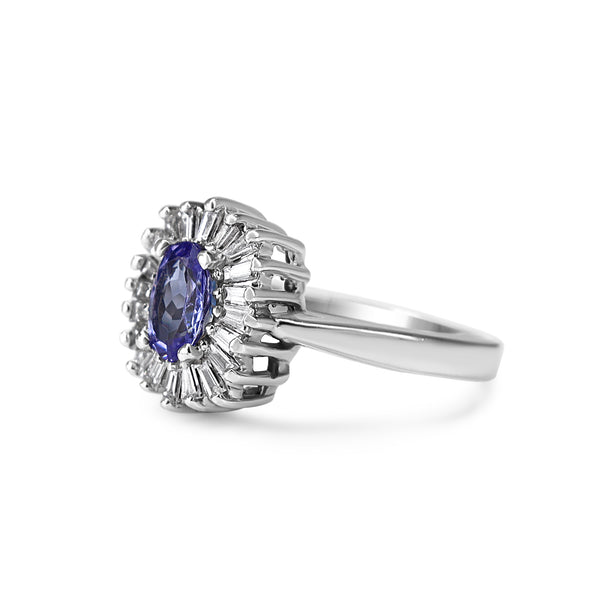 14ct White Gold Tanzanite and Baguette Diamond Halo Ring