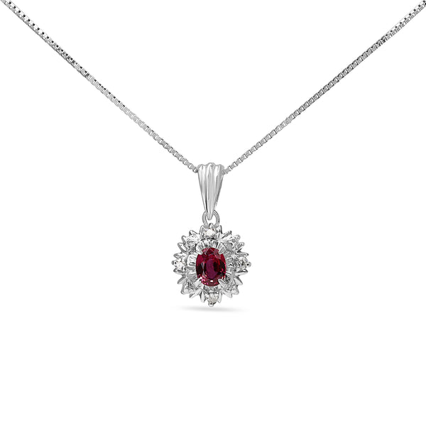 Platinum Ruby and Diamond Halo Necklace