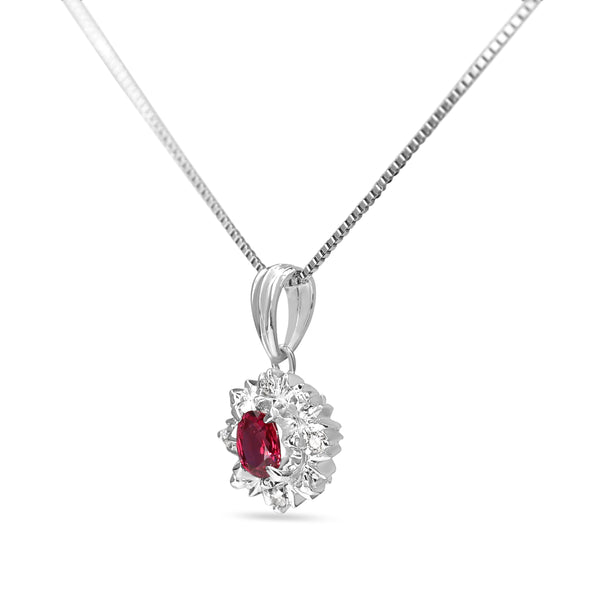 Platinum Ruby and Diamond Halo Necklace