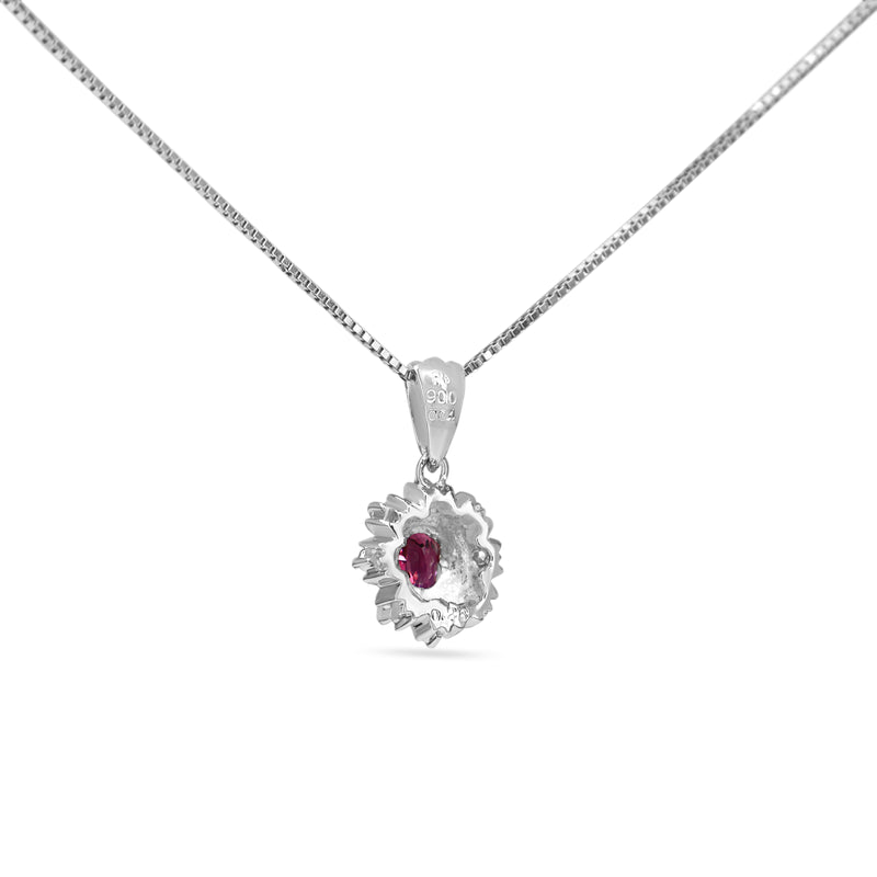 Platinum Ruby and Diamond Halo Necklace