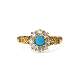 18ct Yellow Gold Antique Turquoise and Old Cut Diamond Ring