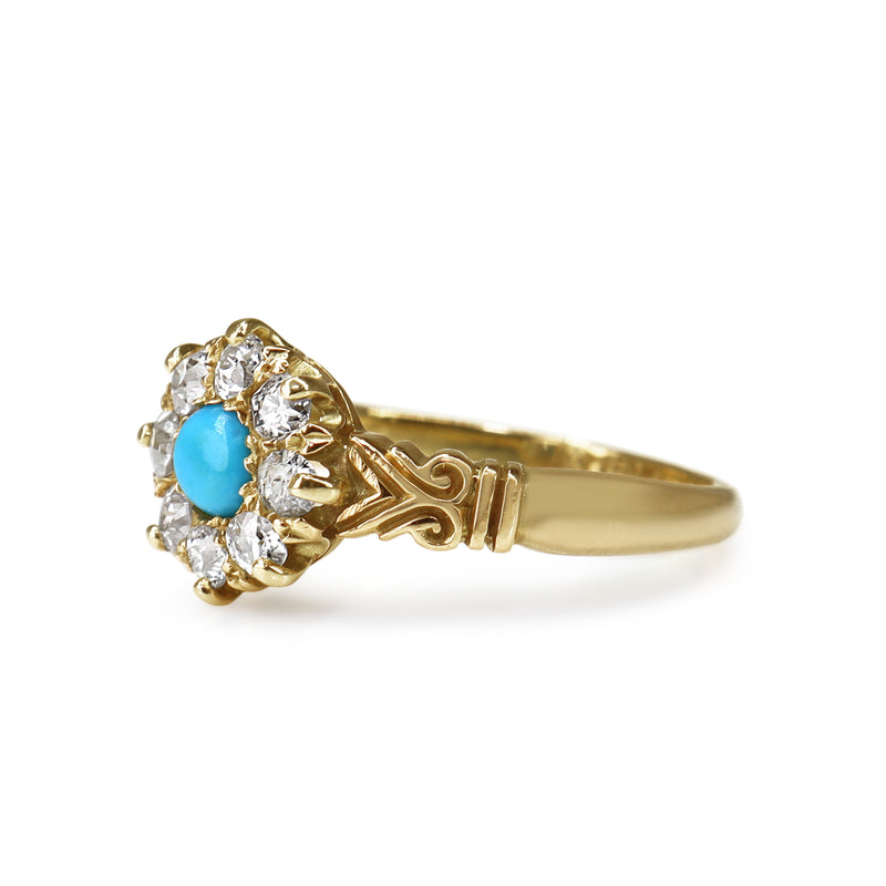 18ct Yellow Gold Antique Turquoise and Old Cut Diamond Ring