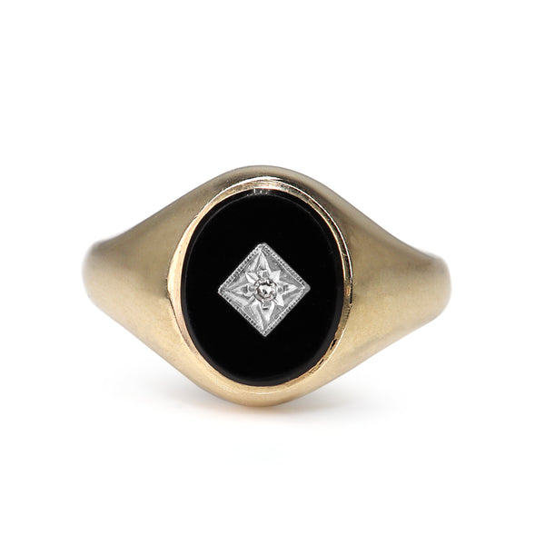 9ct Yellow Gold Onyx and Diamond Vintage Signet Ring