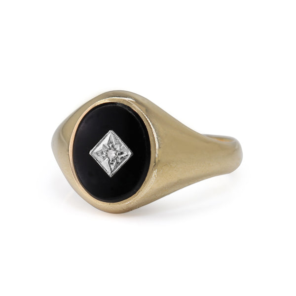 9ct Yellow Gold Onyx and Diamond Vintage Signet Ring