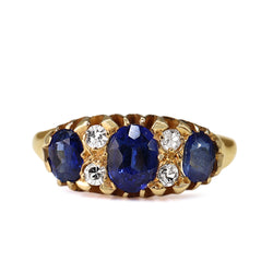 18ct Yellow Gold Sapphire and Old Cut Diamond 3 Stone Ring