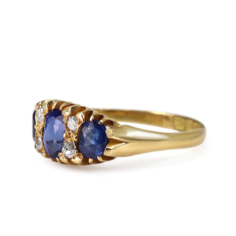 18ct Yellow Gold Sapphire and Old Cut Diamond 3 Stone Ring