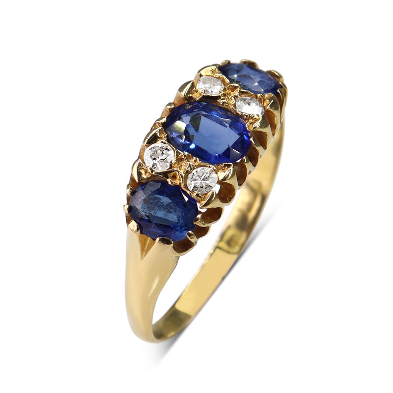 18ct Yellow Gold Sapphire and Old Cut Diamond 3 Stone Ring