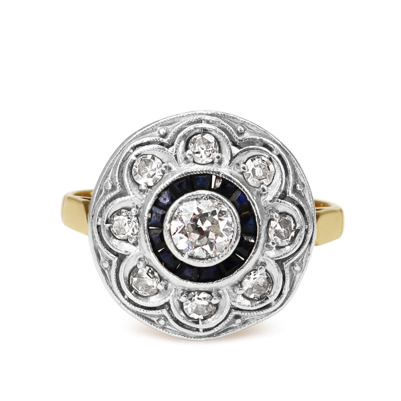 18ct Yellow and White Gold Art Deco Sapphire and Old Cut Diamond Target Style Ring