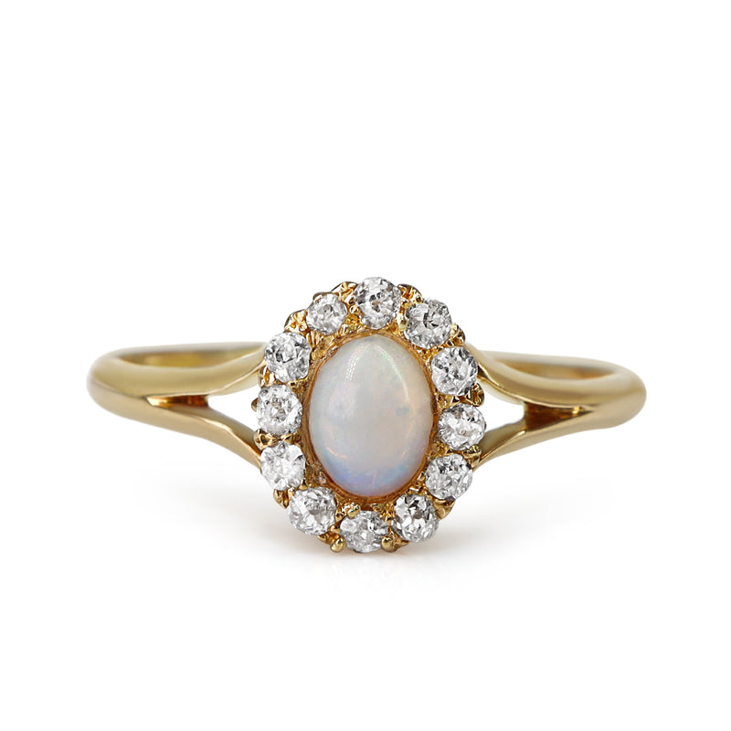 18ct Yellow Gold Antique Opal and Old Cut Diamond Halo Ring