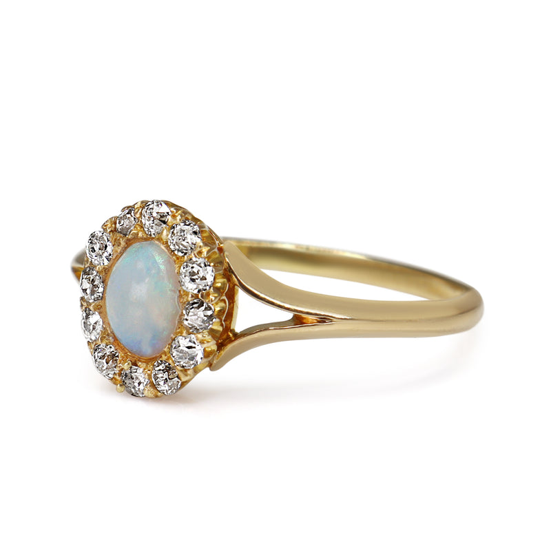 18ct Yellow Gold Antique Opal and Old Cut Diamond Halo Ring