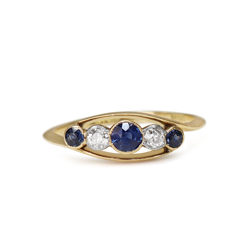 18ct Yellow Gold Antique Sapphire and Old Cut Diamond 5 Stone Ring