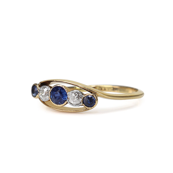 18ct Yellow Gold Antique Sapphire and Old Cut Diamond 5 Stone Ring