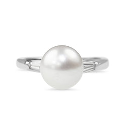 Platinum 8mm Cultured Pearl and Baguette Diamond Ring