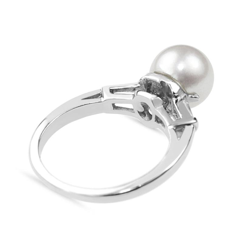 Platinum 8mm Cultured Pearl and Baguette Diamond Ring