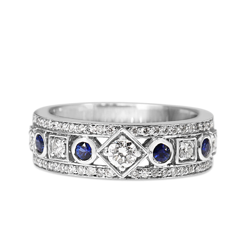 18ct White Gold Sapphire and Diamond Deco Style Band Ring