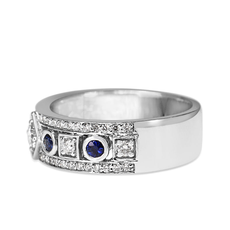 18ct White Gold Sapphire and Diamond Deco Style Band Ring