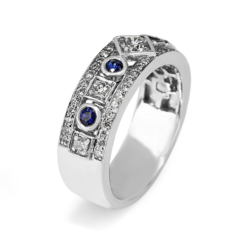 18ct White Gold Sapphire and Diamond Deco Style Band Ring