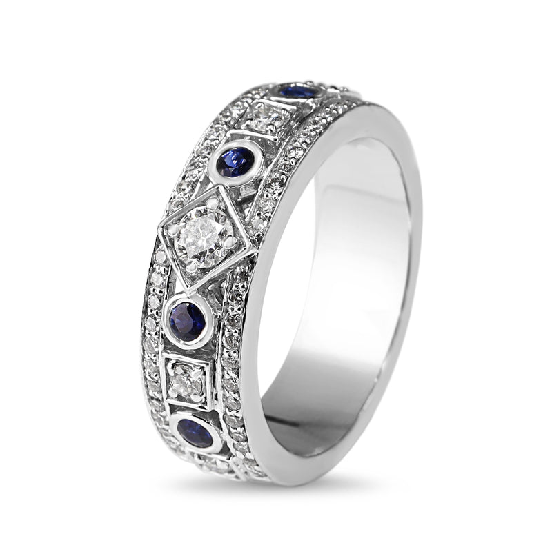 18ct White Gold Sapphire and Diamond Deco Style Band Ring