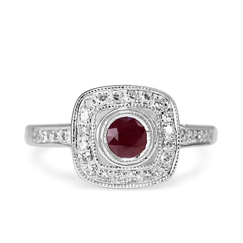 18ct White Gold Ruby and Diamond Cushion Shaped Halo Ring