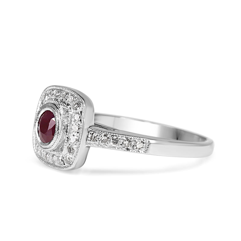 18ct White Gold Ruby and Diamond Cushion Shaped Halo Ring