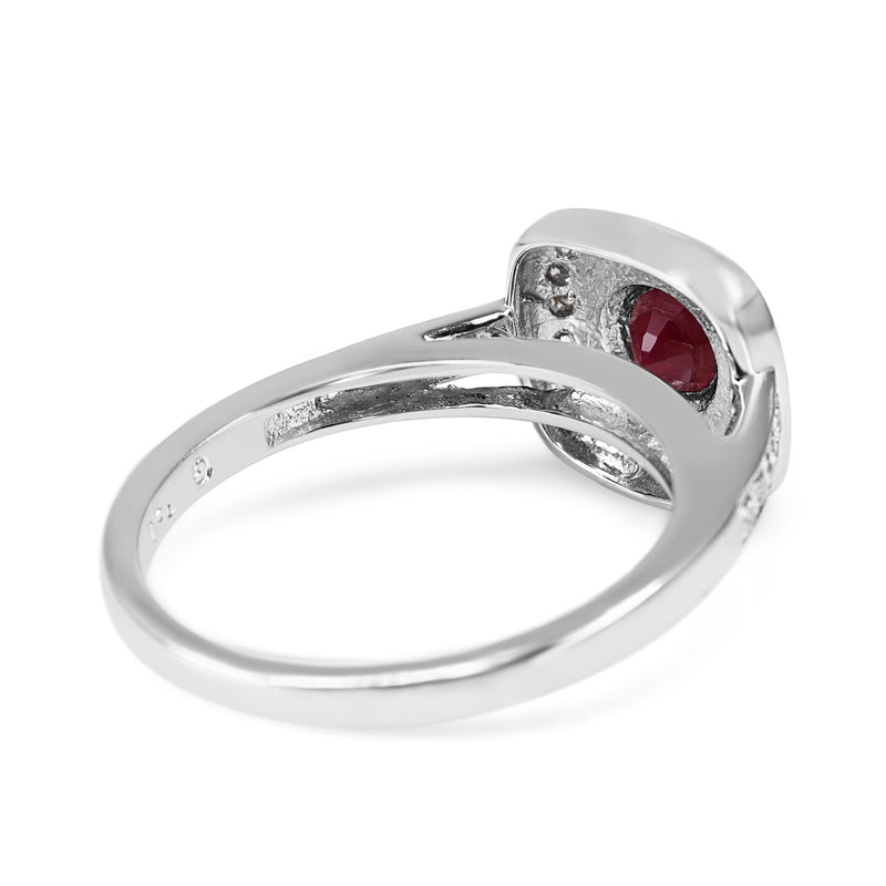 18ct White Gold Ruby and Diamond Cushion Shaped Halo Ring