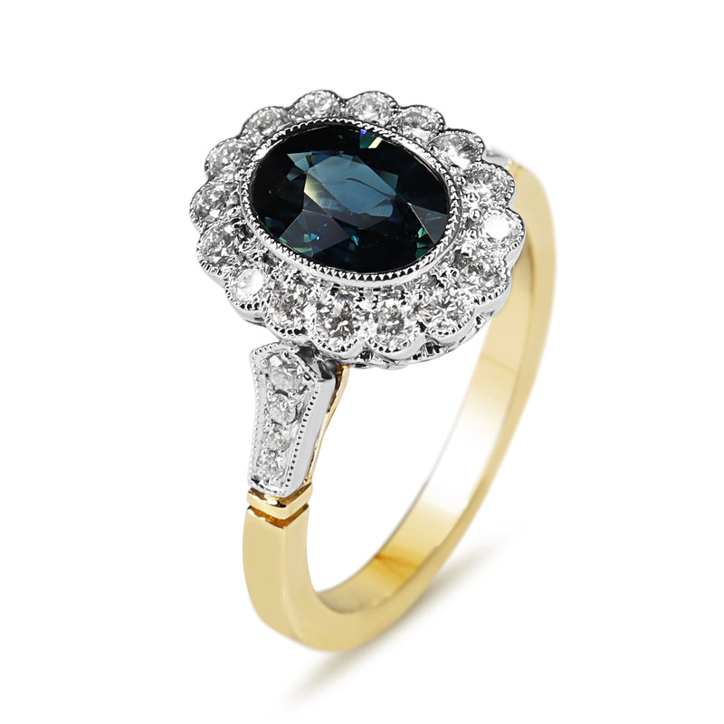 18ct Yellow and White Gold Oval Sapphire and Diamond Daisy Style Ring