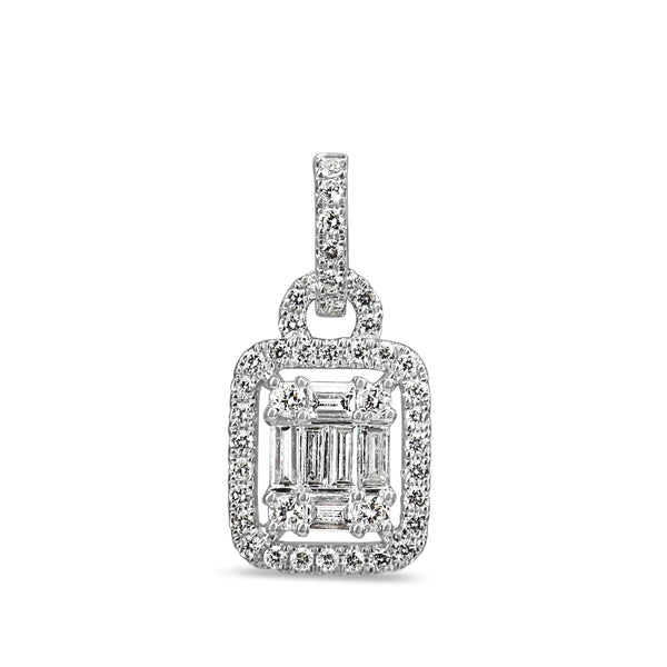 18ct White Gold Round and Baguette Diamond Halo Cluster Pendant