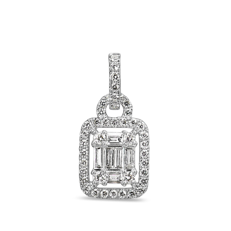 18ct White Gold Round and Baguette Diamond Halo Cluster Pendant