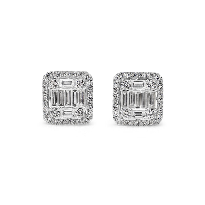 18ct White Gold Baguette and Round Diamond Cluster and Halo Stud Earrings