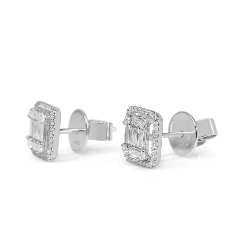 18ct White Gold Baguette and Round Diamond Cluster and Halo Stud Earrings