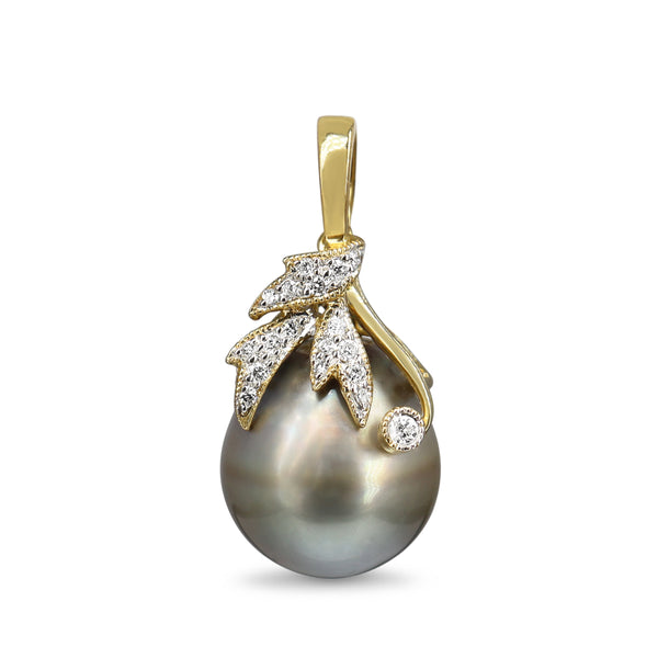 18ct Yellow Gold Tahitian 13mm Pearl and Diamond Leaf Detail Pendant / Enhancer