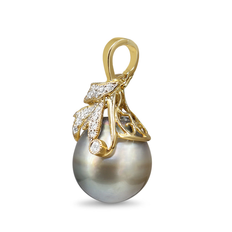 18ct Yellow Gold Tahitian 13mm Pearl and Diamond Leaf Detail Pendant / Enhancer