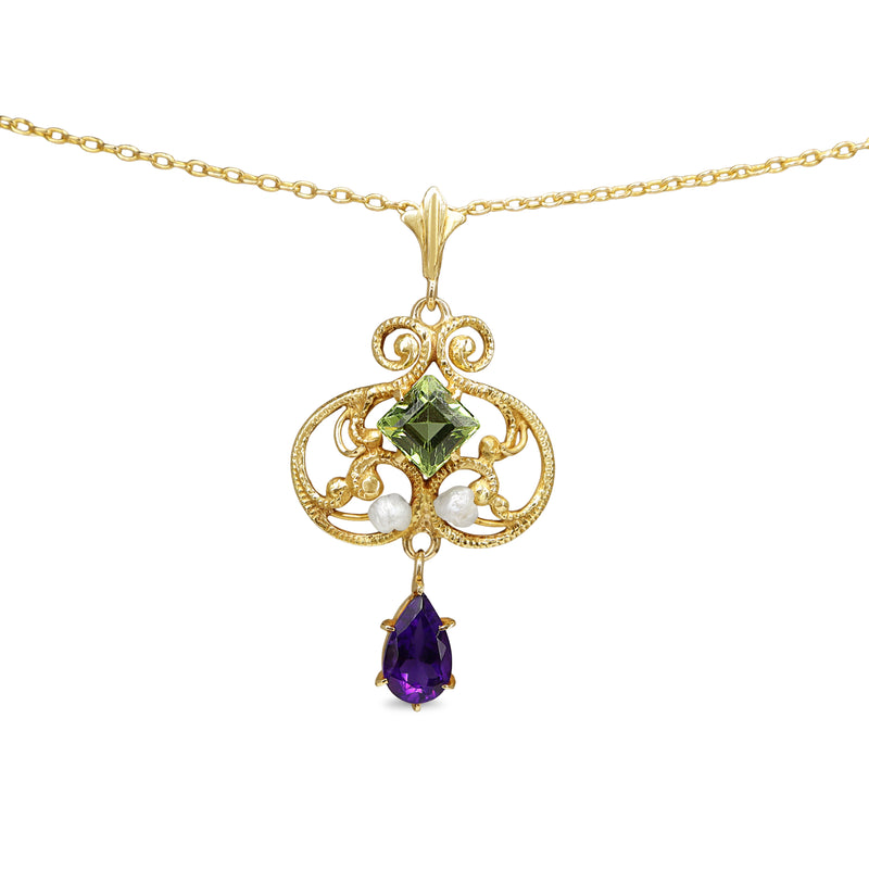 14ct Yellow Gold Suffragette Peridot, Pearl and Amethyst Necklace