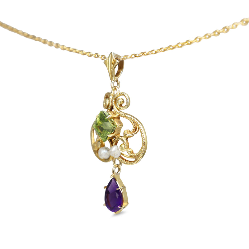 14ct Yellow Gold Suffragette Peridot, Pearl and Amethyst Necklace