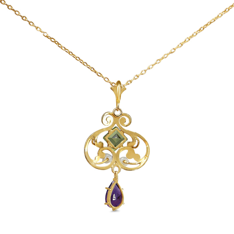 14ct Yellow Gold Suffragette Peridot, Pearl and Amethyst Necklace