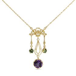 9ct Yellow Gold Amethyst and Peridot Deco Necklace