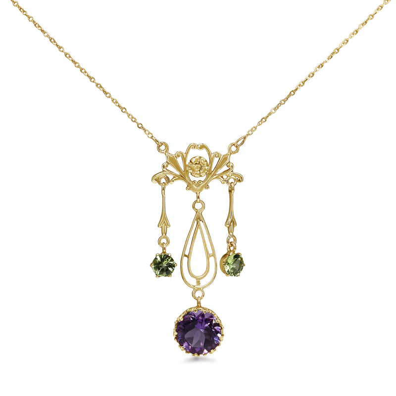 9ct Yellow Gold Amethyst and Peridot Deco Necklace