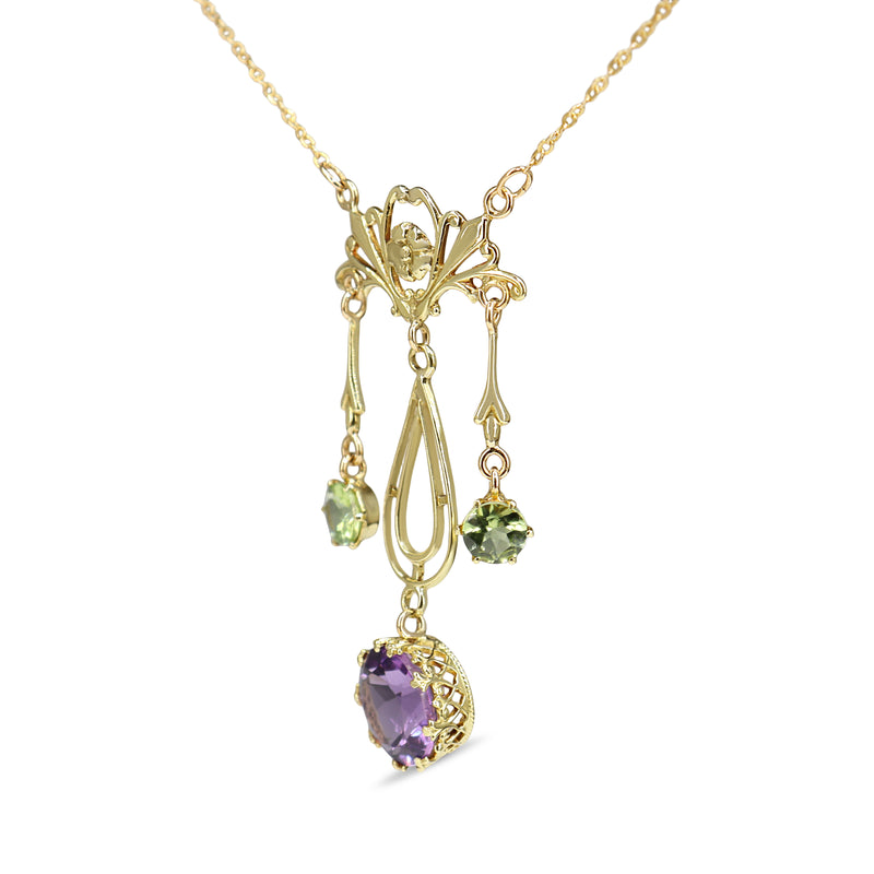 9ct Yellow Gold Amethyst and Peridot Deco Necklace