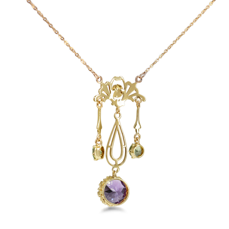 9ct Yellow Gold Amethyst and Peridot Deco Necklace