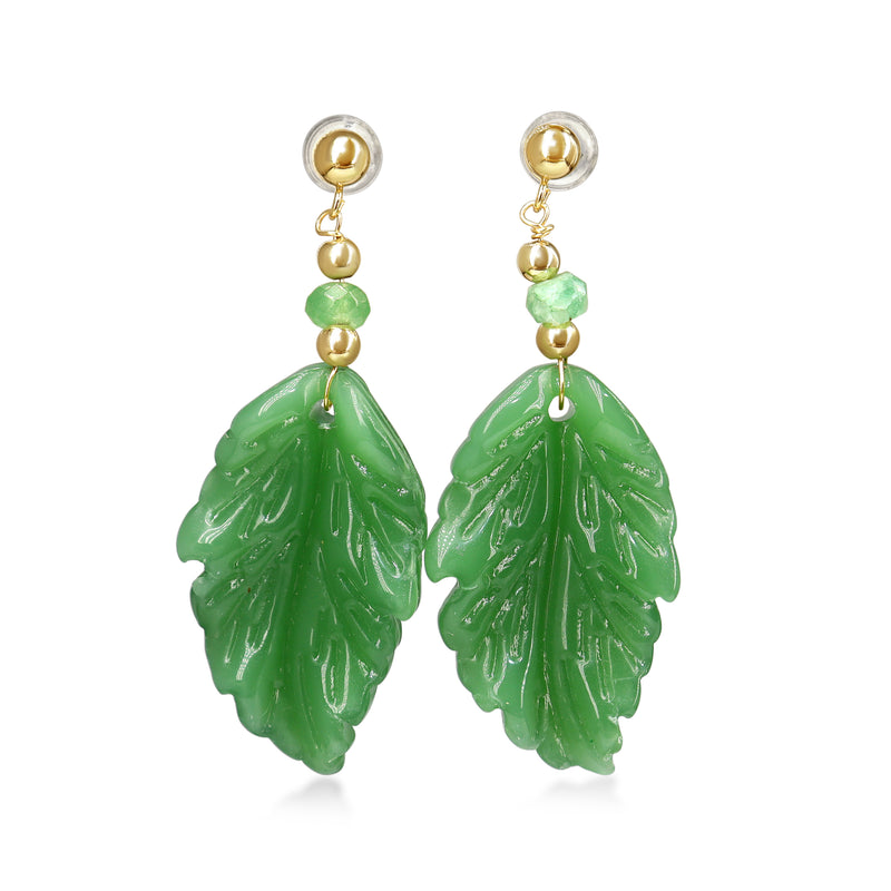 14ct Yellow Gold Jade Carved Leaf and Emerald Earrings