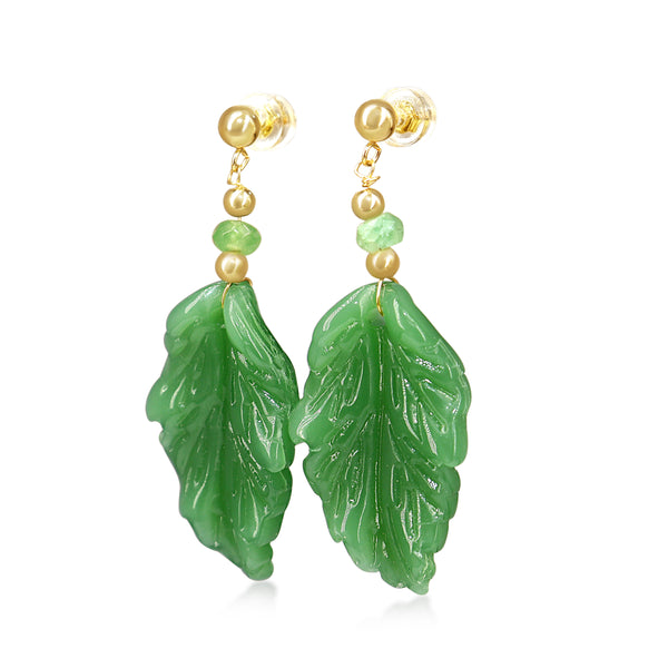 14ct Yellow Gold Jade Carved Leaf and Emerald Earrings