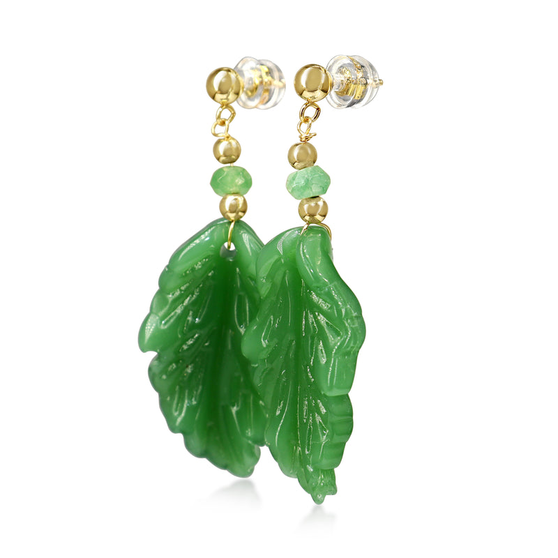 14ct Yellow Gold Jade Carved Leaf and Emerald Earrings