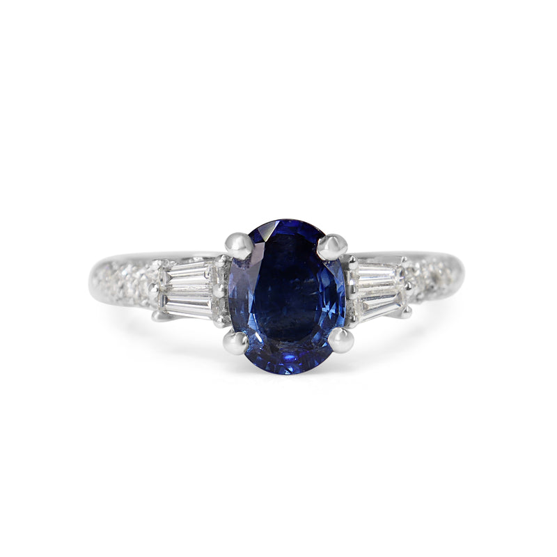 14ct White Gold Sapphire and Baguette Diamond Pavé Ring