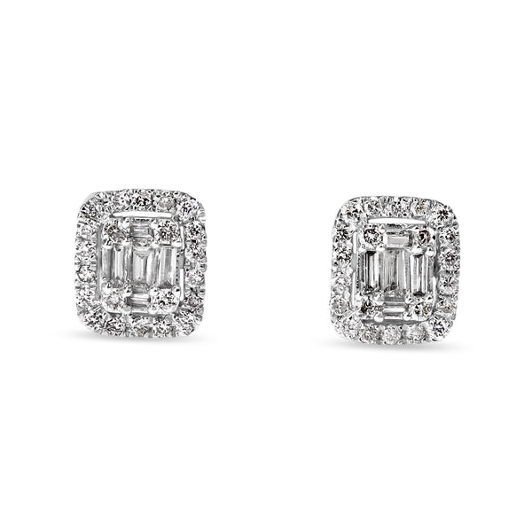 18ct White Gold Baguette and Round Diamond Halo Cluster Stud Earrings