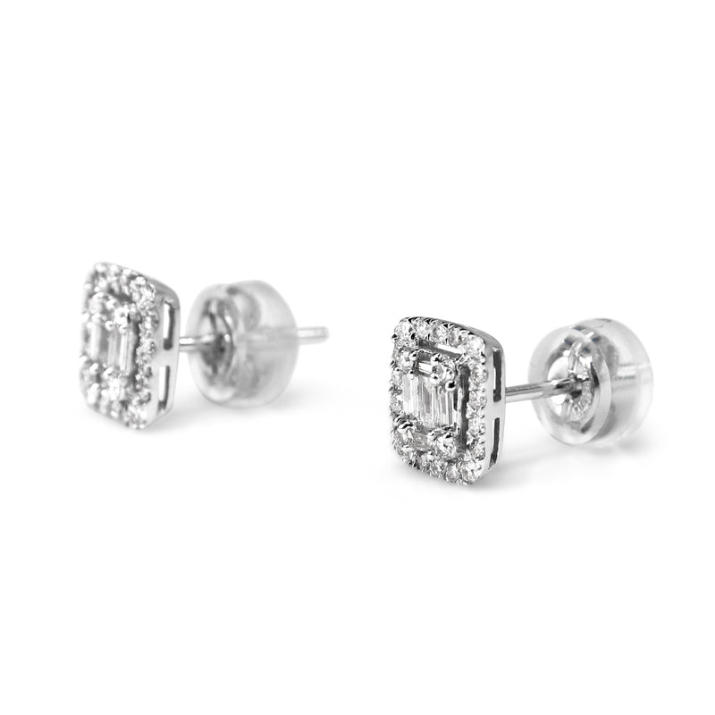 18ct White Gold Baguette and Round Diamond Halo Cluster Stud Earrings