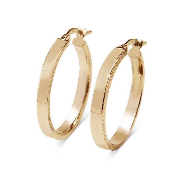 9ct Yellow Gold Flat Hoop Earrings with Side Etching