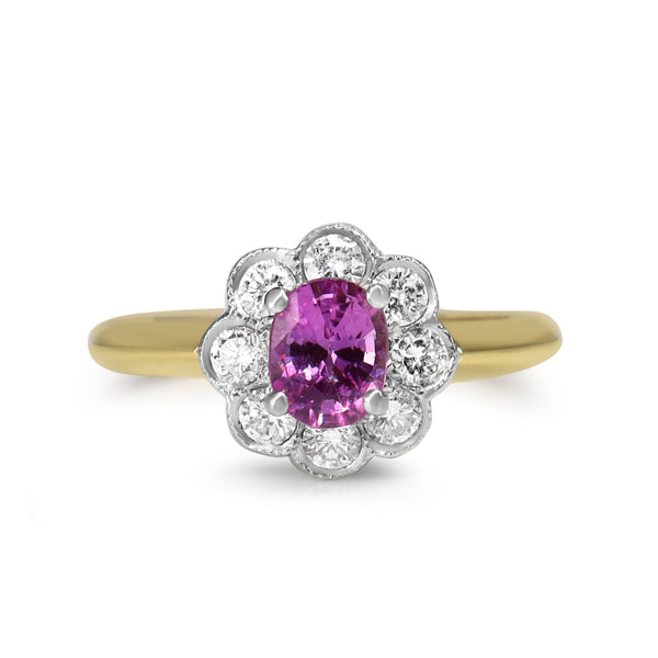 18ct Yellow and White Gold Pink Sapphire and Diamond Daisy Ring