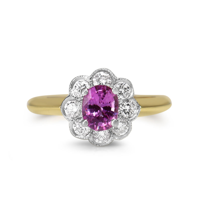 18ct Yellow and White Gold Pink Sapphire and Diamond Daisy Ring