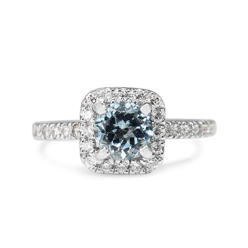 18ct White Gold Aquamarine and Diamond Cushion Shaped Halo Ring