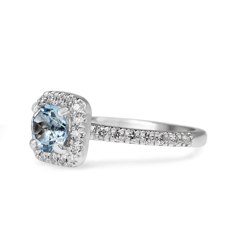 18ct White Gold Aquamarine and Diamond Cushion Shaped Halo Ring